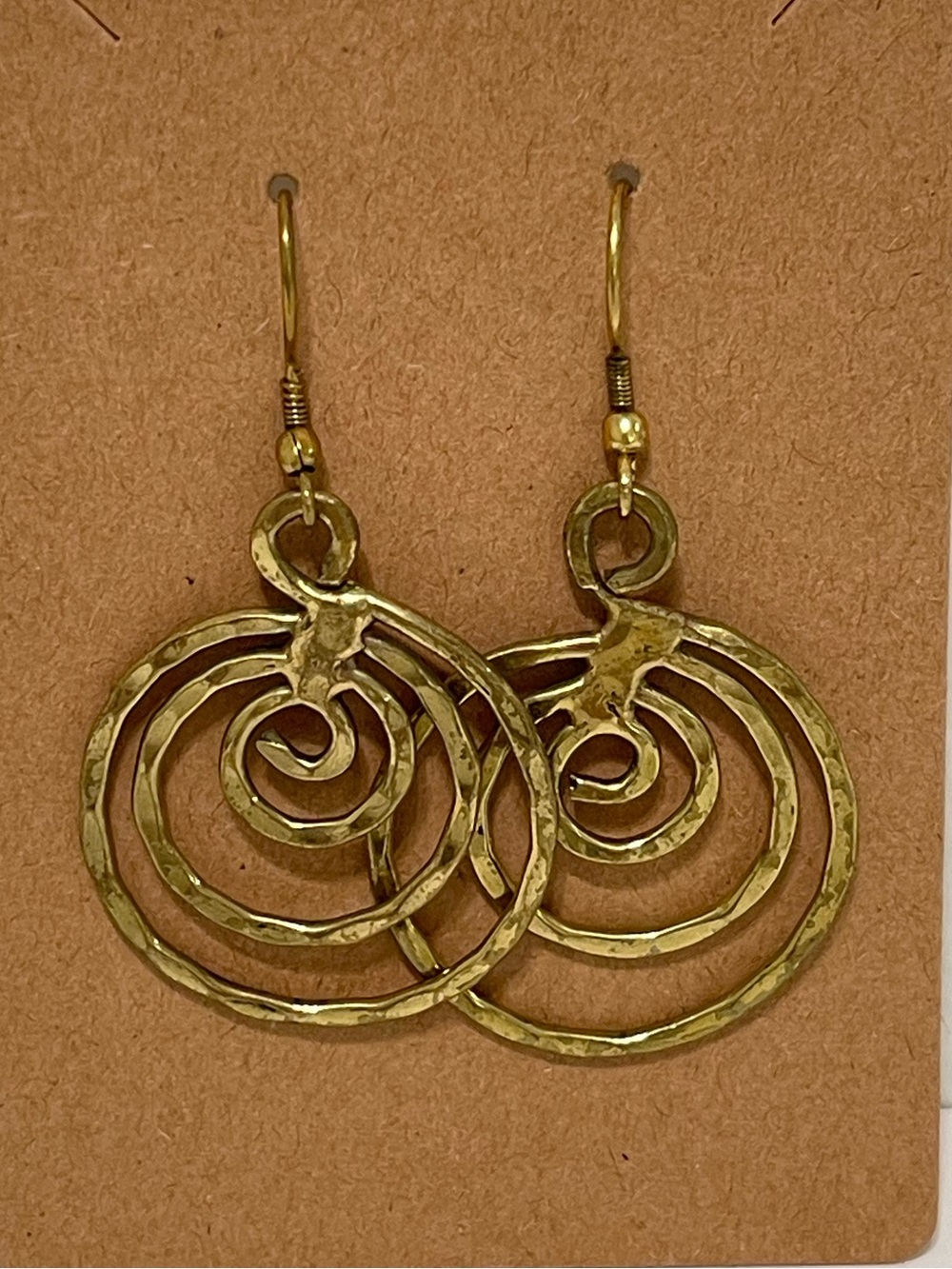Spiral Open Swirl Dangle Pierced Earrings Textured Gold Tone Hammered Circles